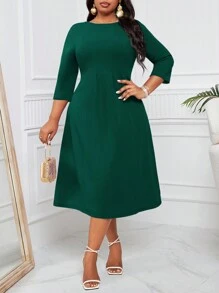 SHEIN Lady Vestido midi de línea A morado plisado elegante y cómodo para uso diario con cinturilla y mangas de longitud media para todas las estaciones, tallas grandes - Verde - Ver 1
