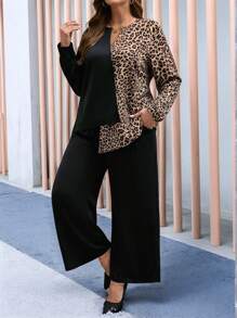 EMERY ROSE 2 món/Bộ trang phục áo sơ mi và quần chắp vá họa tiết da báo cỡ lớn cho nữ, mùa thu - màu nâu - Xem 3