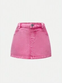 年轻女孩休闲时尚粉色牛仔蝴蝶结装饰迷你裙，轻盈夏季 - 粉色 - 查看 2