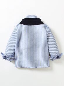 SHEIN 2pcs Young Boys Casual Blue & White Striped Collared Long Sleeve Shirt And Knit Scarf Set, Spring/Autumn