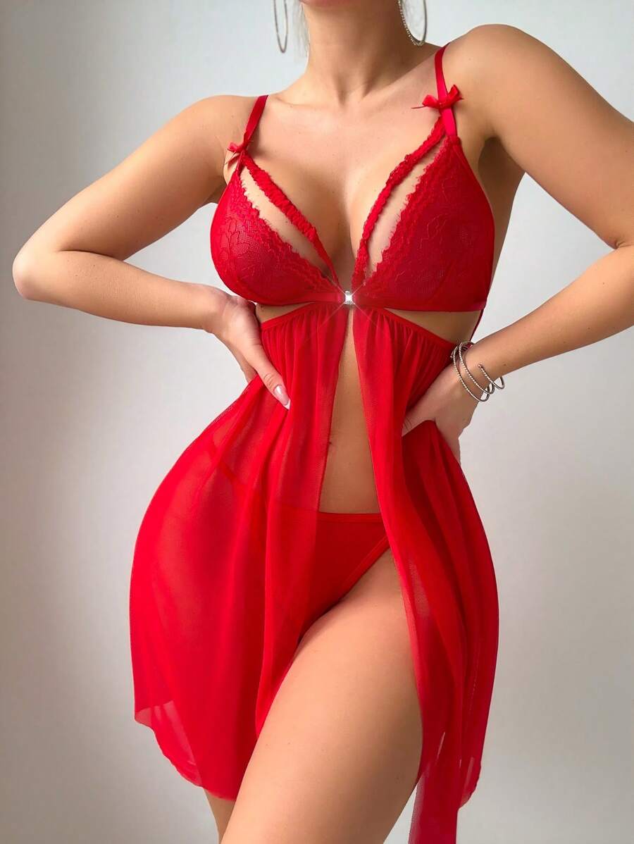 SHEIN 2pcs Set Romantic Lace Patchwork Sexy Nightgown Babydoll Underwear Outer For Going Out - Red - View 1