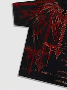 ROMWE MEN Goth 男式哥特式图案印花圆领短袖休闲 T 恤，万圣节 - 黑色 - 查看 5