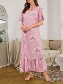 Serenescape 泡泡荷叶边下摆花卉印花长款睡袍娃娃装 Luxeloungewear, Moo Moo - 彩色 - 查看 3