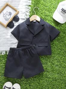 SHEIN Bộ 2 món/Bộ áo sơ mi tay ngắn ve trơn màu cho bé trai và quần short cạp chun - màu đen - Xem 4