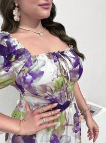 Modelyn Abito lungo a bolle con stampa floreale e maniche corte a palloncino, stile estivo per vacanze, taglia comoda, per donne, maxi