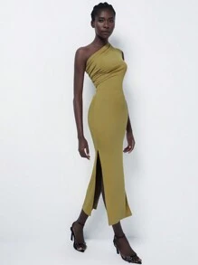 Aveloria Modichic 女士时尚简约斜肩褶皱无袖紧身连衣裙 - 薑色 - 查看 6