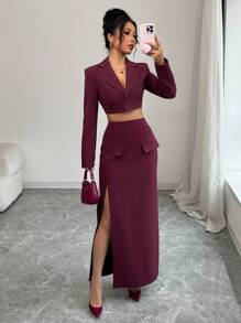 Chiquease Premium Quality Sophisticated Chic Business/Office Wear Purple Woven Fabric V-Neck Dropped Shoulder Regular Long Sleeve Short Crop Top With High Waist Fake Pocket Straight Slit Side Early Spring New Women Suit Set Fall Cloth For Women
