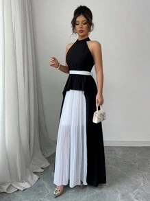 Elenzga Kleid für Damen mit Kragen, Kontrastfarben Schwarz und Weiß, plissiert, elegant - Schwarz - Übersicht 5