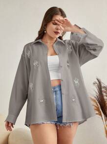 EURMUSE Camisa de manga caída con estampado de ojo de talla grande de algodón - Gris - Ver 3