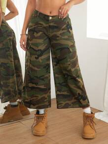SHEIN PETITE Pantalones vaqueros de mujer, pantalones de algodón con camuflaje, cintura ultrabaja y pernera ancha, sexy