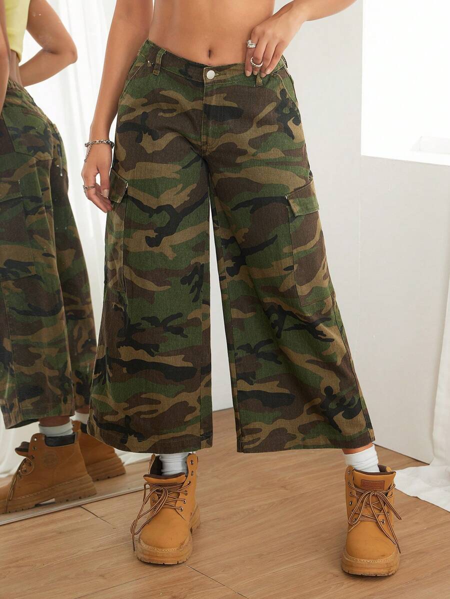 SHEIN PETITE Pantalones vaqueros de mujer, pantalones de algodón con camuflaje, cintura ultrabaja y pernera ancha, sexy