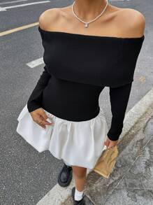 SHEIN Unity Vintage modischer vielseitiger Damen Schwarz & Weiß Kontrast Kragen Off-Shoulder figurbetontes Patchwork Puffärmel Strickkleid, Herbst/Winter - Schwarz und Weiss - Übersicht 8