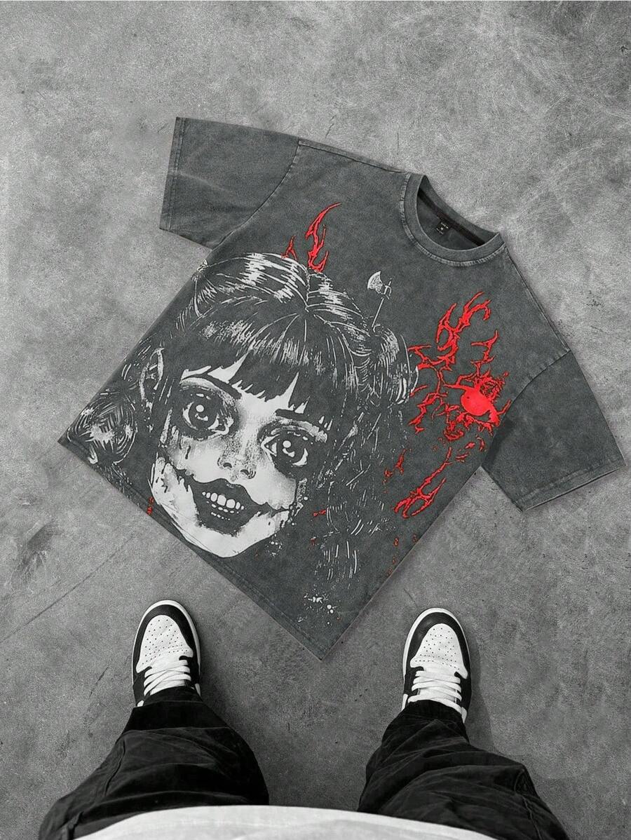 PAVTROS Manfinity Streetrush Manfinity Streetrush Men's Casual Star Print Short Sleeve T-Shirt, Summer Cotton Tees Cotton Tshirts For Men Cotton Tshirts Men Cotton Tops Men,Hip-Hop Street,Boy Friend Gifts,Streetwear Men - Grey - View 1