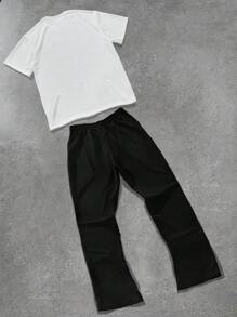 Manfinity EMRG Set de 2 piezas con camiseta de cuello redondo de manga corta con estampado de letra y ojo, y pantalón casual con cordón en la cintura para hombre