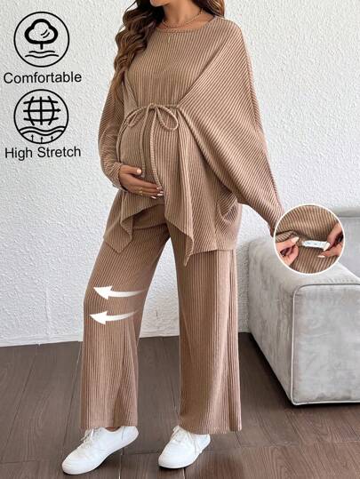 SHEIN 妊婦用 2点セット、無地長袖トップス&ロングパンツ