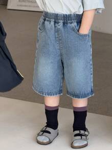 Dazy Kids 年轻男孩纯色拼布口袋简约休闲牛仔短裤 - 藍色 - 查看 5