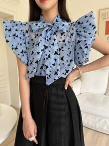 DAZY 女式超大蝴蝶结植绒领带袖口衬衫，Holidaya 花朵度假海滩衬衫，适合春夏季