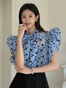 DAZY 女式超大蝴蝶结植绒领带袖口衬衫，Holidaya 花朵度假海滩衬衫，适合春夏季