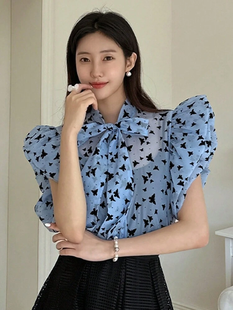 Women's Oversized Bowknot Flocked Tie Cuff Shirt, Holidaya Flower Vacation Beach Blouse For Spring/Summer Floral