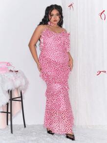 ROMWE Kawaii Maxikleid in großen Größen mit süßem Herzchen-Aufdruck und Rüschensaum - Pink - Übersicht 5