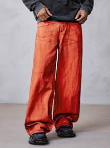 ROMWE MEN Grunge Punk Men's Loose Fit Wide Leg Pockets Casual Versatile Jeans - Burnt Orange - View 1