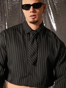 FeverCity Men Striped Short Woven Shirt With Tie, Long Sleeve