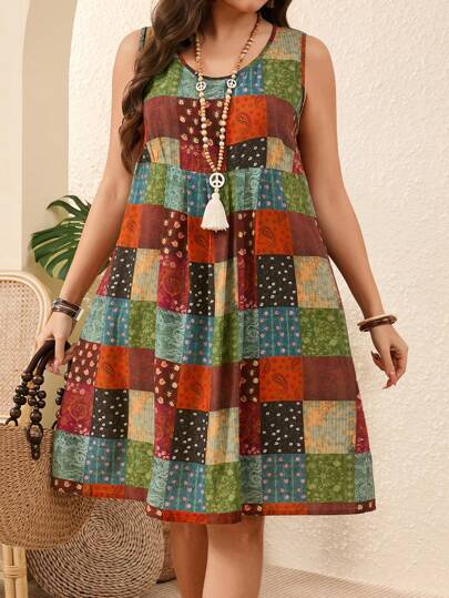 EMERY ROSE Plus Size Leisure Patchwork Printed Sleeveless Dress,Boho For Women/Summer,Western Wear Women,Vacation Outfits Woman,Spring