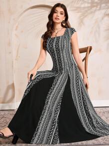 Al Najma Women's Geometric Print Square Neck Dolman Sleeve Elegant Arabic Style Dress, Arabian Dresses