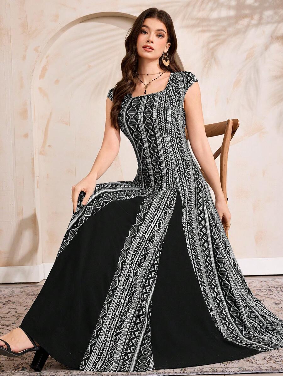 Al Najma Women's Geometric Print Square Neck Dolman Sleeve Elegant Arabic Style Dress, Arabian Dresses