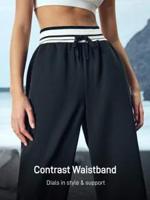 In My Nature Damen einfarbige Patchwork Schnürung mit Tasche Einfache Lässig Outdoor Hose - Schwarz - Übersicht 4