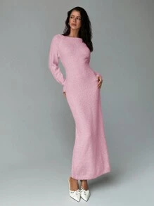 Aloruh 女士秋冬露肩宽松长款毛衣连衣裙 - 淺粉色 - 查看 6