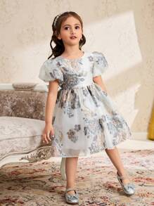 年轻女孩欧根纱刺绣连衣裙，圆领泡泡袖，适合派对、聚会、节日，优雅且适合春夏季 - 彩色 - 查看 7