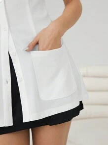 Easelle Áo thun không tay màu trơn có nút cài phía trước dành cho nữ, trang phục thường ngày - trắng - Xem 5