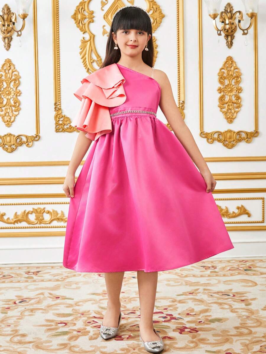 SHEIN Tween Girls Elegant Contrast Color Ruffle Waist Rhinestone Embellished Asymmetrical Shoulder Dress, Flower Girl Dress - Hot Pink - View 1
