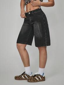 SHEIN PETITE 女士前扣口袋简约宽松休闲牛仔短裤 - 黑色 - 查看 4