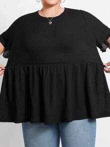 SHEIN CURVE+ 大码女式休闲华夫格针织荷叶边袖黑色 T 恤 - 黑色 - 查看 8