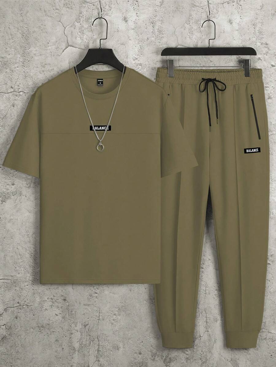 Manfinity Homme 2pcs/Set Men's Casual Letter Print Short Sleeve T-Shirt And Drawstring Pants, Summer Outfit - Army Green - View 1