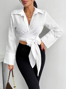 RueChic LONG SLEEVE VOLUMED CUFF TIE UP HEM SHIRT - White - View 1
