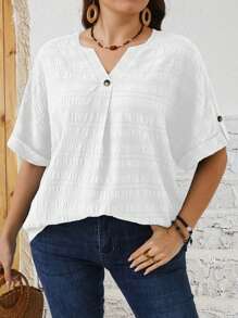 EMERY ROSE Plus Size Solid Color Button Front Short Sleeve Casual Minimalist Shirt, Everyday Wear - White - View 5