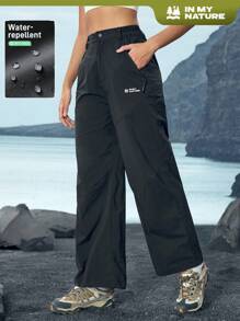 In My Nature Women's Front Button Pocket Letter Print Casual Hiking Pants, Minimalist Design