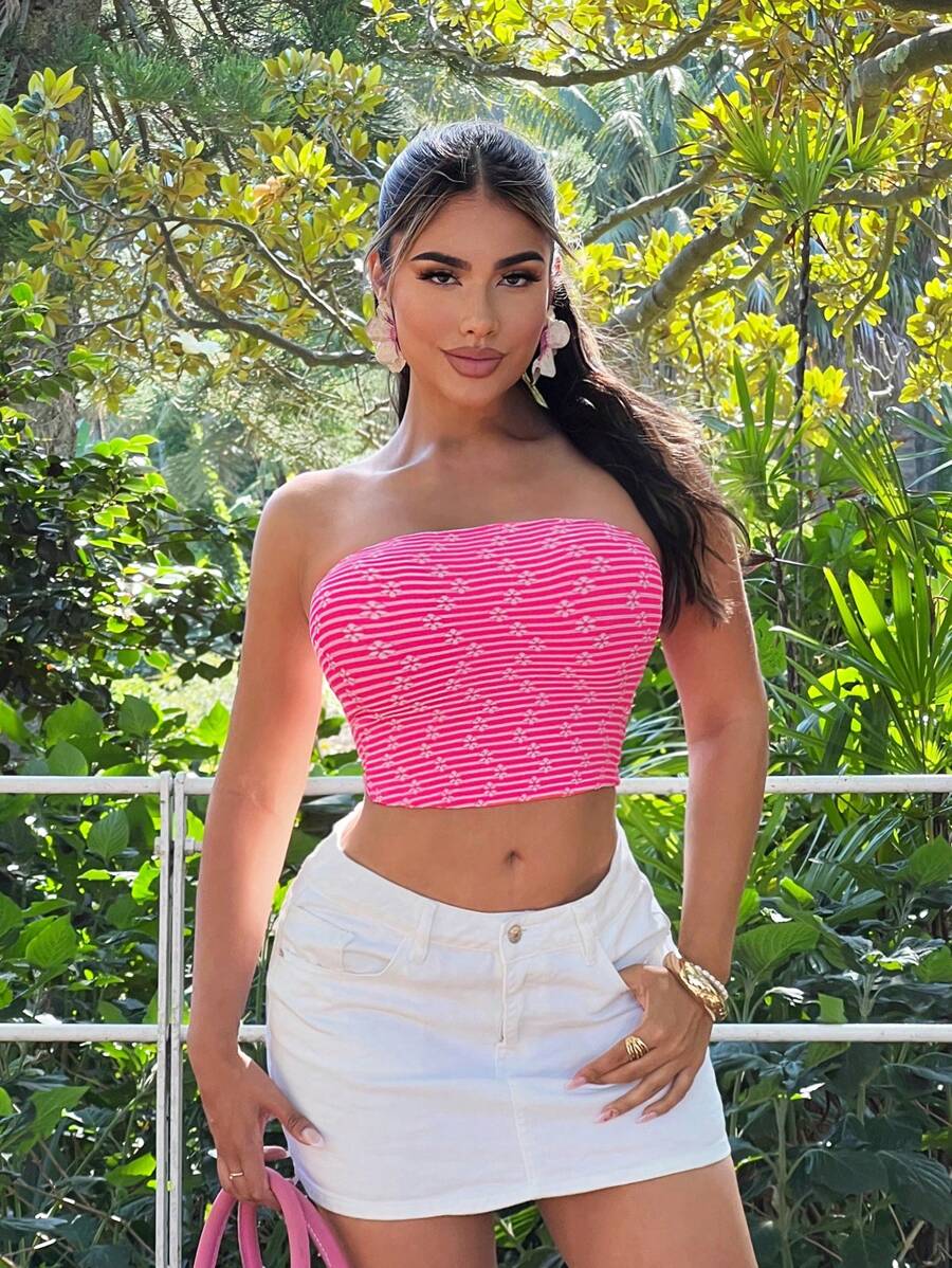 SHEIN SXY 女士简约修身抹胸，日常休闲装，女士抹胸，抹胸，抹胸，女士度假装，女士夏季装，夏季服装，海滩度假装，邮轮装 - 玫紅色 - 查看 1