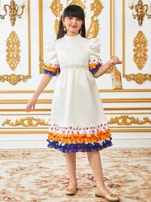 SHEIN Tween Girls' Stand Collar Short Sleeve Ruffle Midi Satin Dress - White - View 3