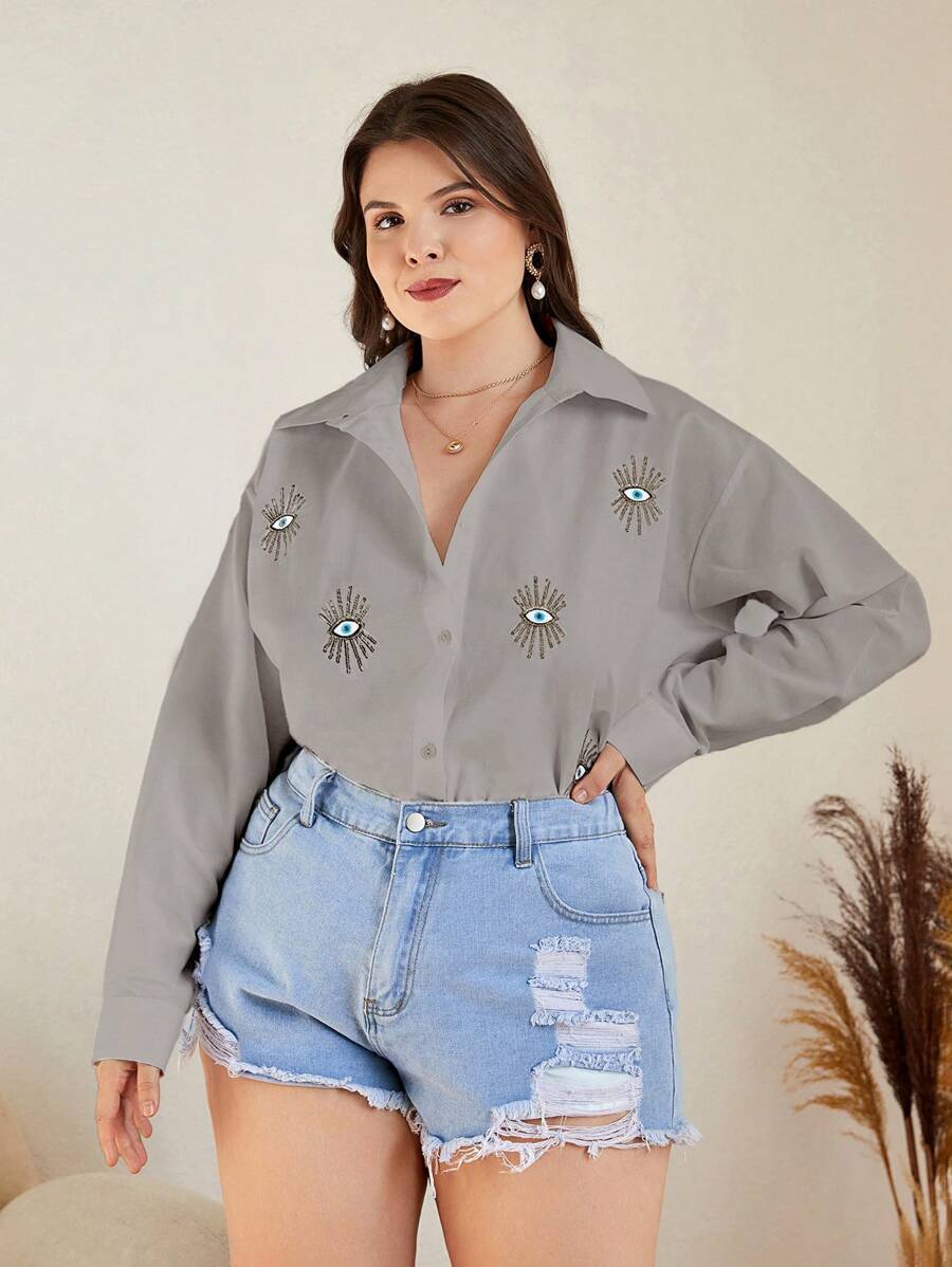 EURMUSE Camisa de manga caída con estampado de ojo de talla grande de algodón - Gris - Ver 1