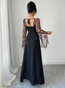 Elenzga Đầm dự tiệc sang trọng thêu hoa hồng tương phản lưới đen thanh lịch cho nữ - màu đen - Xem 2