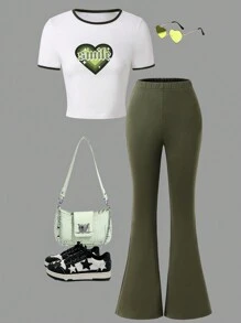 SHEIN Set de 2 piezas con Top de manga corta con estampado de corazón y pantalones de unicolor para niña preadolescente - Multicolor - Ver 1