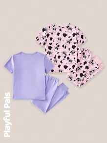 SHEIN Young Girl Round Neck Short Sleeve Graphic Print Simple Top And Leggings Casual Homewear Set - Multicolor - View 2