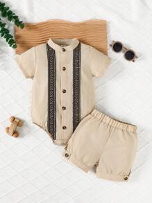 2pcs Boys Casual Woven Romper & Shorts Set, Summer