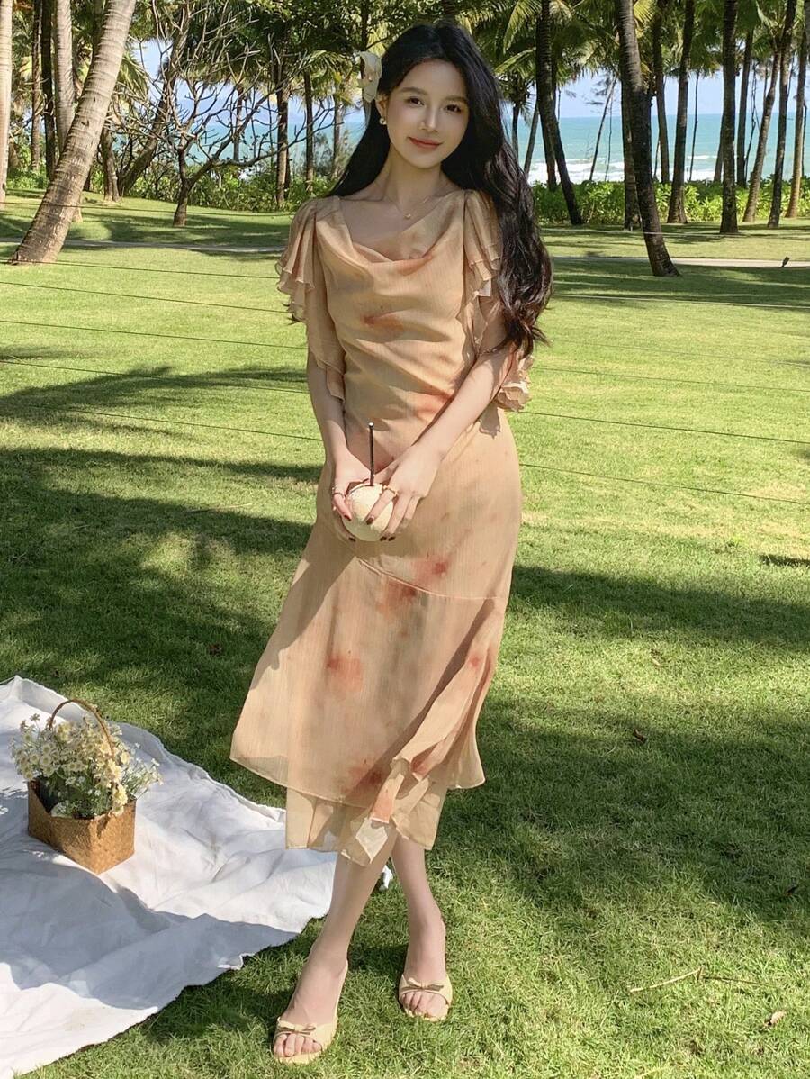 DAZY Vestido Médio Elegante de Verão com Estampa Floral, Decote Drapeado e Manga Bufante - Damasco - Visão 1