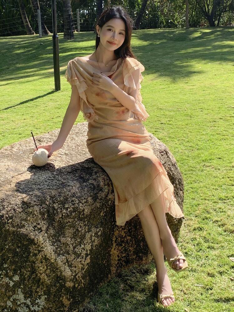 Women Tie-Dye Draped Neck Ruffle Sleeve Elegant Mid-Length Dress Summer Floral Dress