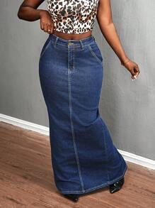 SHEIN Slayr 女式口袋长款修身休闲牛仔半身裙 - 深色水洗藍 - 查看 3